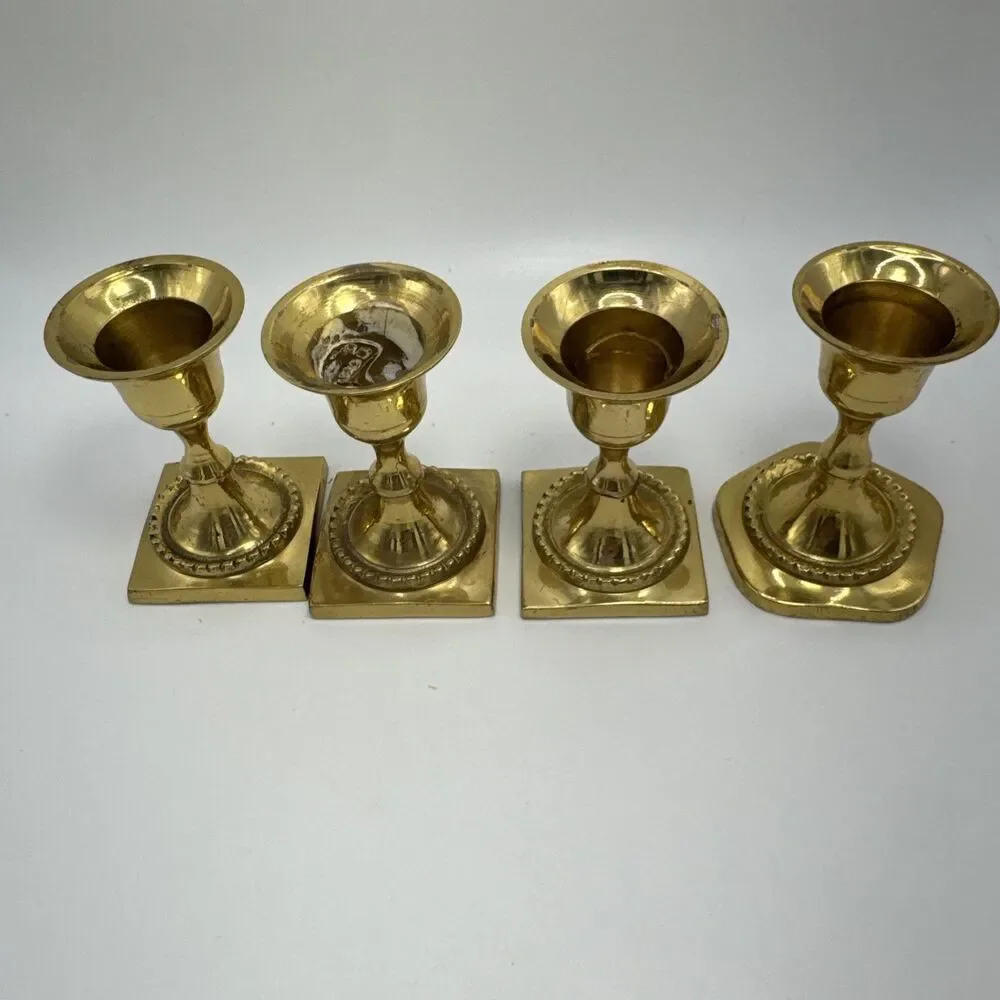 Vintage Mid-Century Gold Brass & Crackle Glass Votive Candle Holder Set of 4